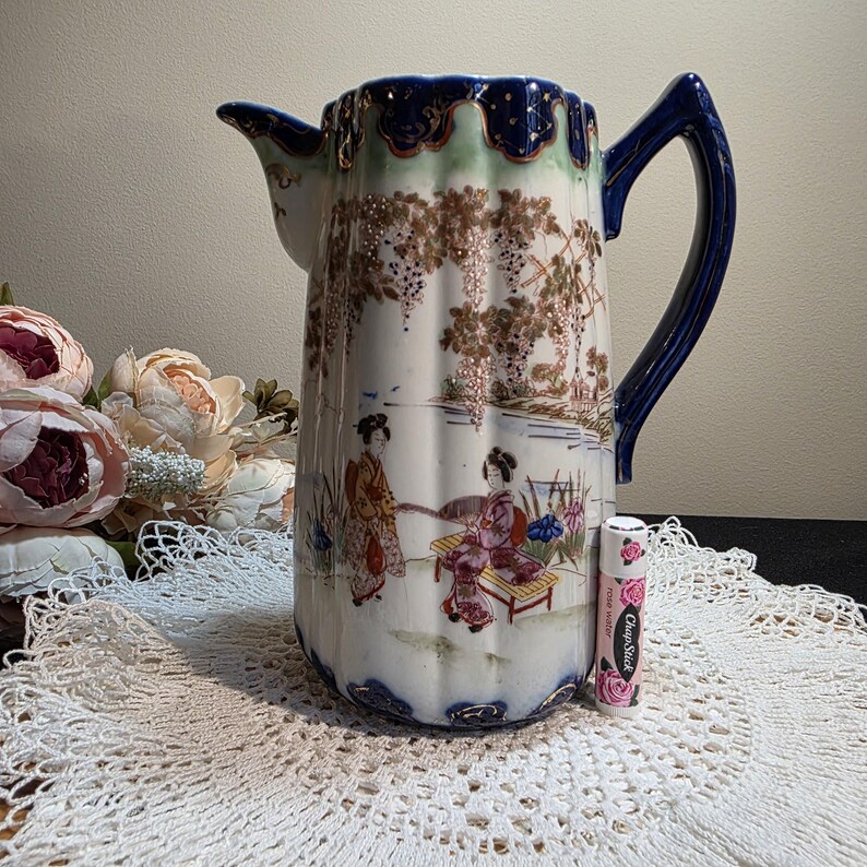 Antique Chinese Porcelain Pitcher Cobalt Blue Hand Painted Figural Early 1900s Chinoiserie Vase image 6
