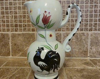Italian Hand-Painted Rooster Pitcher – 7.5" Rustic Folk Art Jug