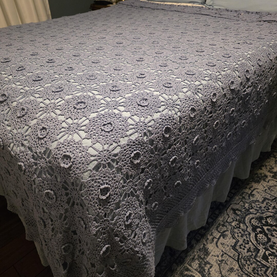Dusty Blue Crochet Bedspread Queen | Rosette Lace, Cottagecore Bedding ...