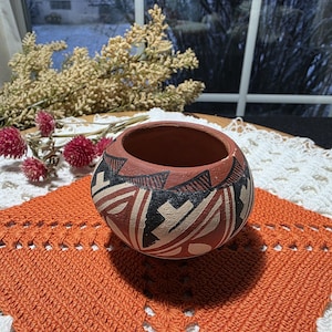 Signed 1993 Southwestern Pottery Vase MT Acoma Style Hand Painted Native American Inspired Redware Pot