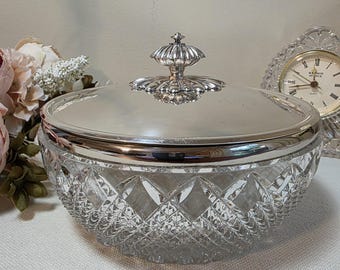 Vintage Pressed Glass Covered Bowl, Silverplate Lid, Hollywood Regency Serveware