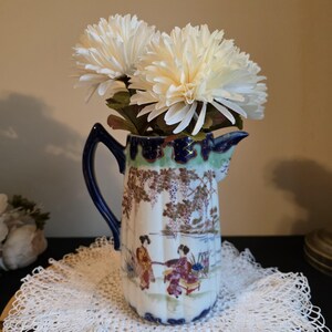 Antique Chinese Porcelain Pitcher Cobalt Blue Hand Painted Figural Early 1900s Chinoiserie Vase