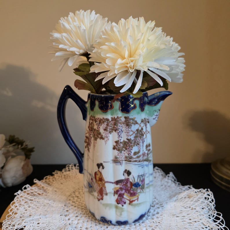 Antique Chinese Porcelain Pitcher Cobalt Blue Hand Painted Figural Early 1900s Chinoiserie Vase