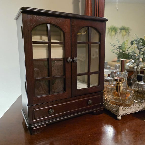 Vintage Wooden Jewelry Armoire Glass Door Jewelry Box
