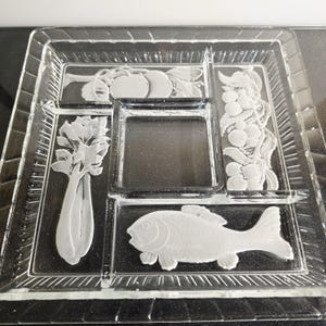Vintage Duncan Miller Etched Glass Relish Tray, Mid Century 5 Section Appetizer Platter