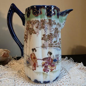 Antique Chinese Porcelain Pitcher Cobalt Blue Hand Painted Figural Early 1900s Chinoiserie Vase