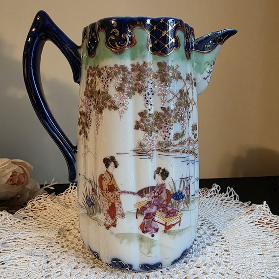Antique Chinese Porcelain Pitcher Cobalt Blue Hand Painted Figural Early 1900s Chinoiserie Vase