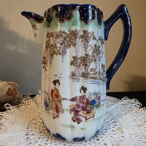 Antique Chinese Porcelain Pitcher Cobalt Blue Hand Painted Figural Early 1900s Chinoiserie Vase