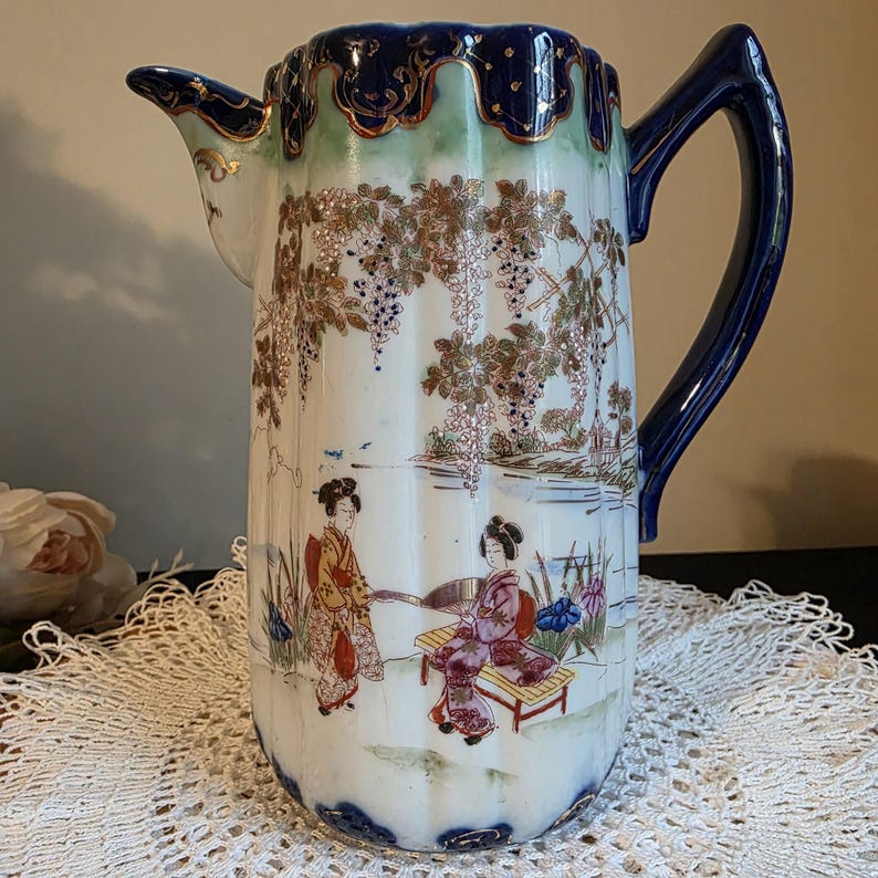 Antique Chinese Porcelain Pitcher Cobalt Blue Hand Painted Figural Early 1900s Chinoiserie Vase