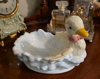 Vintage Ceramic Duck Bowl with Pink Bow | Spring Easter Decor | Soap Dish | Vanity Catchall