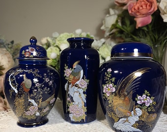 Japanese Cobalt Blue Porcelain Vase & Ginger Jar Set | Trio of Vintage Pheasant Motif Decor | Gold Detail Chinoiserie Display