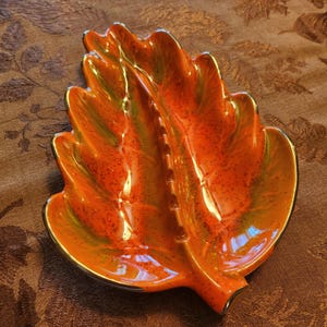 Mid-Century Modern California Pottery Leaf Dish: Orange & Green MCM Decor