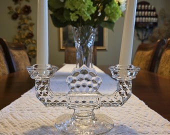 Vintage Fostoria American Double Candlestick Holder, Clear Glass Stem 2056