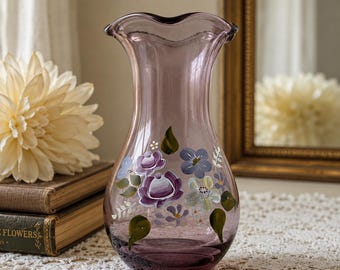 Vintage Fenton Hand-Painted Purple Glass Vase, Ruffled Floral Bud Vase