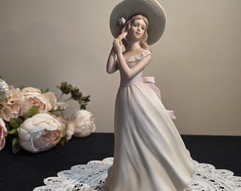 Vintage Porcelain Melanie Figurine, Cottagecore Romantic Lady, Pink Ribbon Dress, 1996