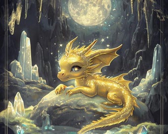 May include: A golden dragon with sparkling scales sits on a rock in a cave. The dragon has large, expressive eyes and a gentle expression. The cave is lit by a full moon and crystals.