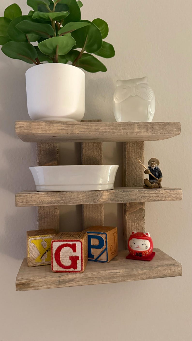Shelf Objects Blocks Weathered Oak Pine Wall Shelf, Rustic 3-tier Display - Etsy