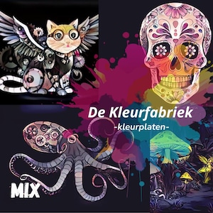 May include: A collage of colorful illustrations featuring a steampunk cat with wings, a decorated sugar skull, an octopus with gears, and a fantasy scene with mushrooms. The text "De Kleurfabriek - kleurplaten-" is also present.