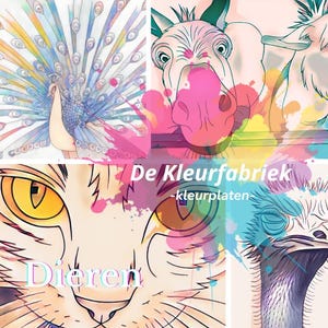 May include: A colorful illustration featuring a peacock, a horse, a cat, and an emu. The image includes the text "De Kleurfabriek - kleurplaten" and the word "Dieren". Splashes of pink, blue, and yellow paint add to the artistic design.