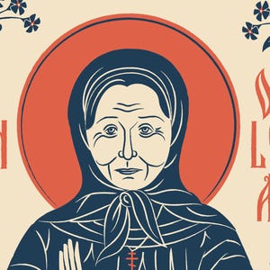 Puede incluir: Una ilustraci&oacute;n gr&aacute;fica de Santa Olga de Alaska con una figura central con pa&ntilde;uelo y vestimenta azul oscuro frente a un gran halo circular rojo. El texto dice Saint Olga of Alaska, rodeado de tallos florales de color azul oscuro.