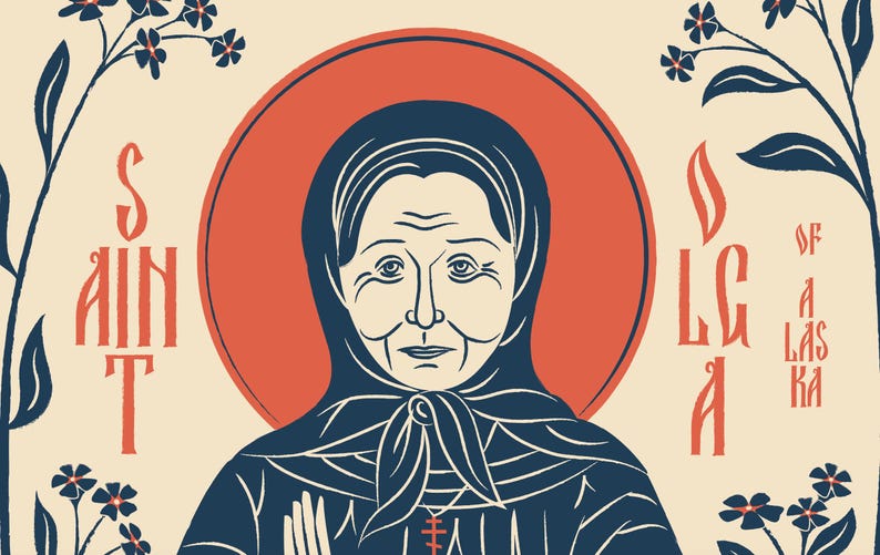 Puede incluir: Una ilustraci&oacute;n gr&aacute;fica de Santa Olga de Alaska con una figura central con pa&ntilde;uelo y vestimenta azul oscuro frente a un gran halo circular rojo. El texto dice Saint Olga of Alaska, rodeado de tallos florales de color azul oscuro.