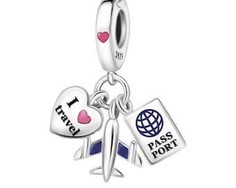SOLID Sterling Silver I Love Travel Plane Passport Charm Pendant - AVILIA Designs Pandora Compatible