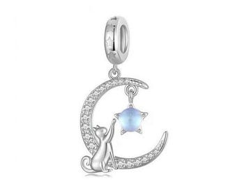 S925 Sterling Silver Cat on the Moon Sparkly Charm Pendant - AVILIA Designs Pandora Compatible