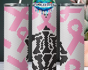 SS16 Fuck Breast Cancer Skeleton Middle Finger Digital Rhinestone Tumbler Pattern