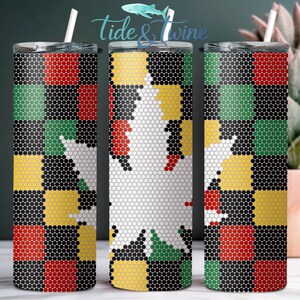 May include: Three cylindrical tumblers with lids and straws, featuring a repeating grid pattern of small circles in red, yellow, green, and black. The center tumbler displays a large, white, leaf-shaped silhouette formed by the negative space.