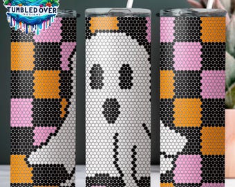 SS16 Pink and Orange Checkered Ghost Digital Rhinestone Tumbler Pattern