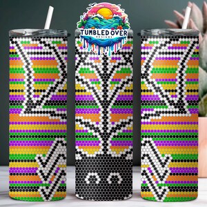 May include: A cylindrical tumbler with a straw featuring a repeating geometric pattern of small dots in orange, purple, green, and black. The centre design includes a colourful graphic of a sunset over ocean waves with the text TUMBLED OVER DESIGNS.