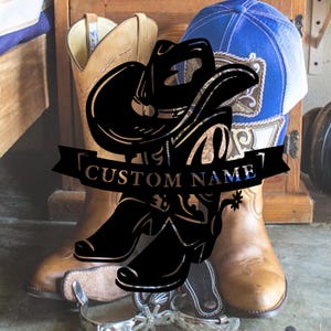 Custom Cowboy Hat Boots Metal Hang Sign,Cowboy Metal Wall Art Sign,Personalized Cowboy Decor Sign,Cowboy Name Metal Sign,8-24 inch