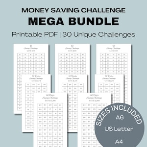 30 Savings challenge bundle printable,Savings tracker binder,10k,20k,5k,1500,1000,500,30 days,12 months,100 days,52 weeks savings challenge