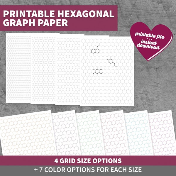 Hexagon Millimeterpapier 4 Größenoptionen 7 Farben | Organische Chemie Wissenschaft STEM-Moleküle Hexagonal Graph Grid | Druckbares Download PDF