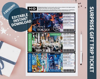 Tokyo Mock Trip Ticket: Surprise Gift (Instant PDF Download) Printable & Editable Faux Boarding Pass or Keepsake