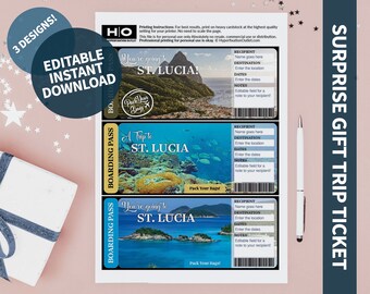 St. Lucia Mock Trip Ticket: Surprise Gift (Instant PDF Download) Printable & Editable Faux Boarding Pass or Keepsake
