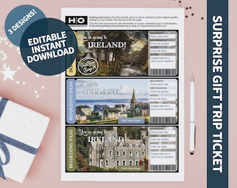 Ireland Mock Trip Ticket: Surprise Gift (Instant PDF Download) Printable & Editable Faux Boarding Pass or Keepsake