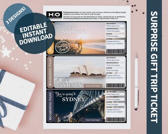 Sydney Mock Trip Ticket: Surprise Gift (Instant PDF Download) Printable & Editable Faux Boarding Pass or Keepsake