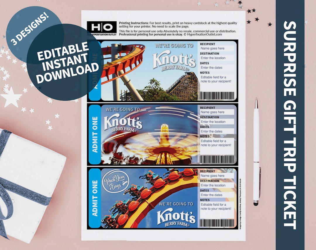 Knott's Berry Farm Gift Trip Mock Ticket. Instant Download. Editable