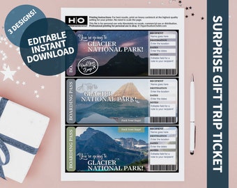 Glacier National Park Mock Trip Ticket: Surprise Gift (Instant PDF Download) Printable & Editable Faux Boarding Pass or Keepsake