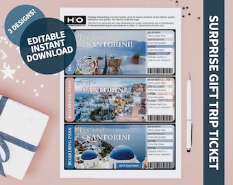 Santorini Mock Trip Ticket: Surprise Gift (Instant PDF Download) Printable & Editable Faux Boarding Pass or Keepsake
