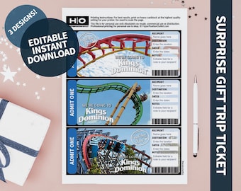 Kings Dominion Gift Trip Mock Ticket. Instant Download. Editable PDF Boarding Pass Printable Vacation Ticket Printable. Ticket Surprise Trip