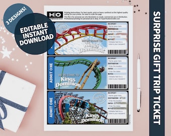 Kings Dominion Mock Trip Ticket: Surprise Gift (Instant PDF Download) Printable & Editable Faux Boarding Pass or Keepsake