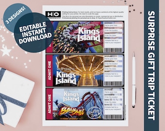 Kings Island Mock Trip Ticket: Surprise Gift (Instant PDF Download) Printable & Editable Faux Boarding Pass or Keepsake