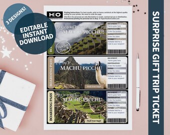 Machu Picchu Mock Trip Ticket: Surprise Gift (Instant PDF Download) Printable & Editable Faux Boarding Pass or Keepsake