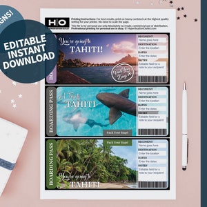 Tahiti Gift Trip Mock Ticket. Instant Download. Editable PDF. Boarding Pass. Printable Vacation Ticket Printable. Ticket Surprise Trip.
