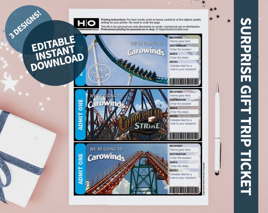 Carowinds Gift Trip Mock Ticket. Instant Download. Editable Etsy