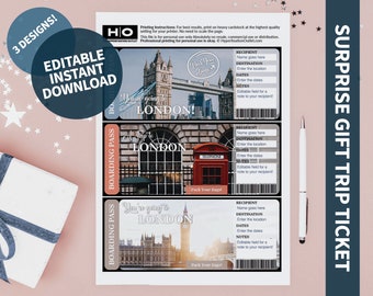 London Mock Trip Ticket: Surprise Gift (Instant PDF Download) Printable & Editable Faux Boarding Pass or Keepsake