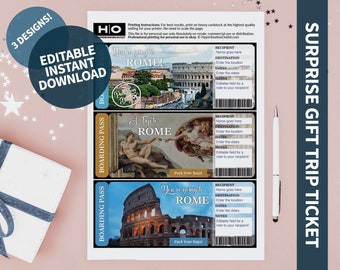Rome Mock Trip Ticket: Surprise Gift (Instant PDF Download) Printable & Editable Faux Boarding Pass or Keepsake