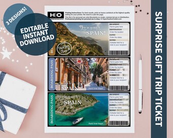 Spain Mock Trip Ticket: Surprise Gift (Instant PDF Download) Printable & Editable Faux Boarding Pass or Keepsake